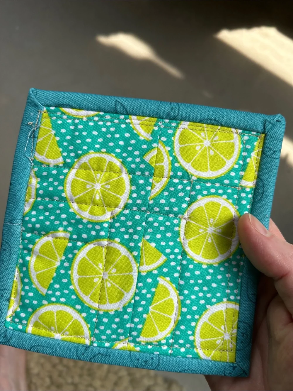 Handmade Patchwork Fabric Coasters - Teal Trim, Lime & Macaron Prints